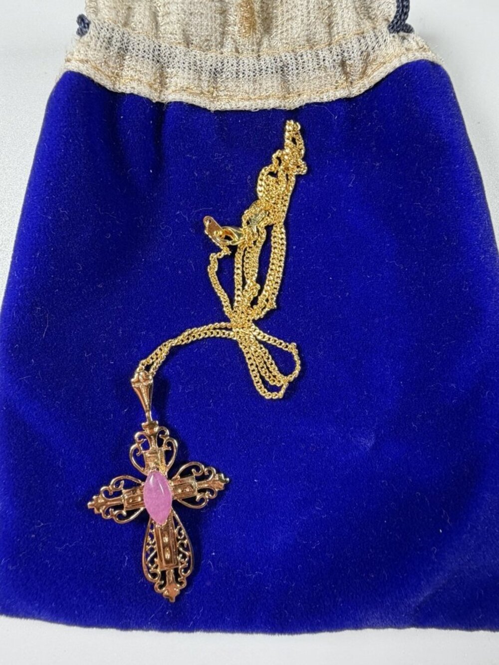 14KGE Italy Gold Plated Cross Necklace Pink Stone Filigree 18” Vintage
